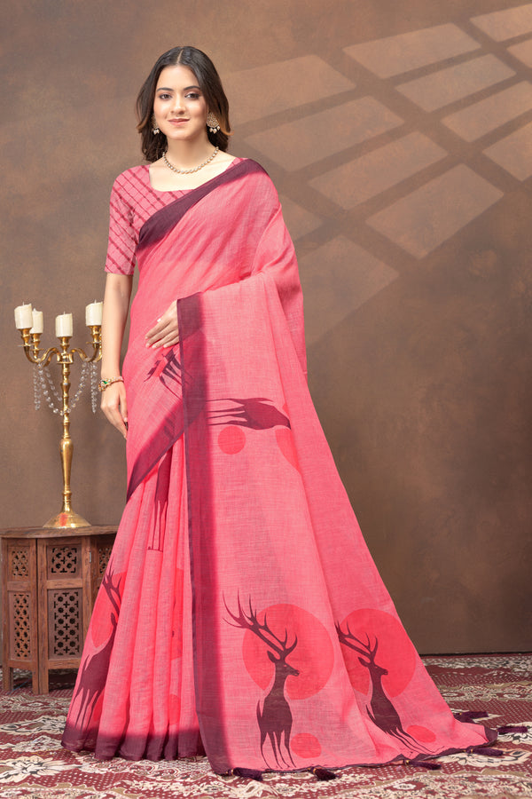 HIRAN TOMETO LINEN COTTON SAREE WITH BLOUSE