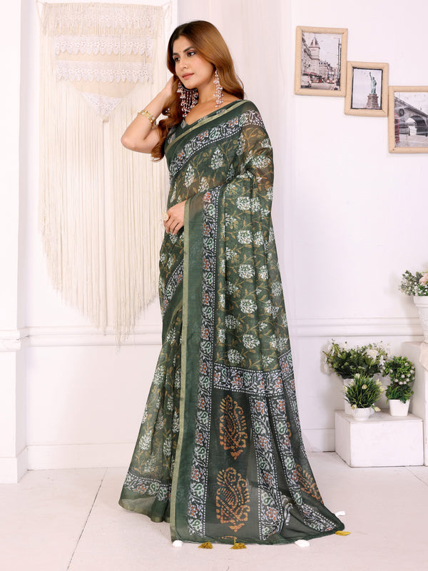 GREEN FLOWER BLOCK PRINK CHANDERI COTTAN SAREE