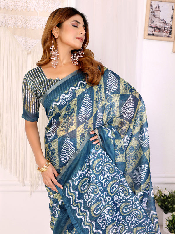 DANIM WHITE BLOCK PRINK CHANDERI COTTAN SAREE