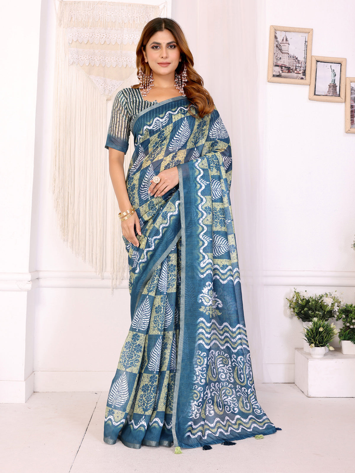DANIM WHITE BLOCK PRINK CHANDERI COTTAN SAREE