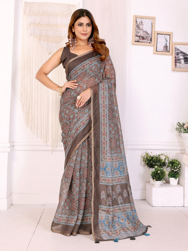 COFFEE AJARAKH BLOCK PRINK CHANDERI COTTAN SAREE