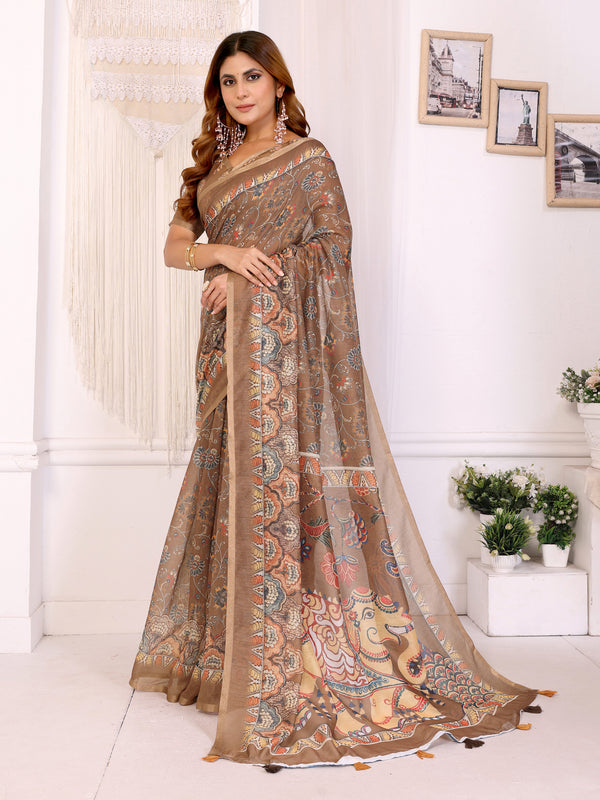 COFFEE HATHI BLOCK PRINT CHANDERI COTTAN SAREE