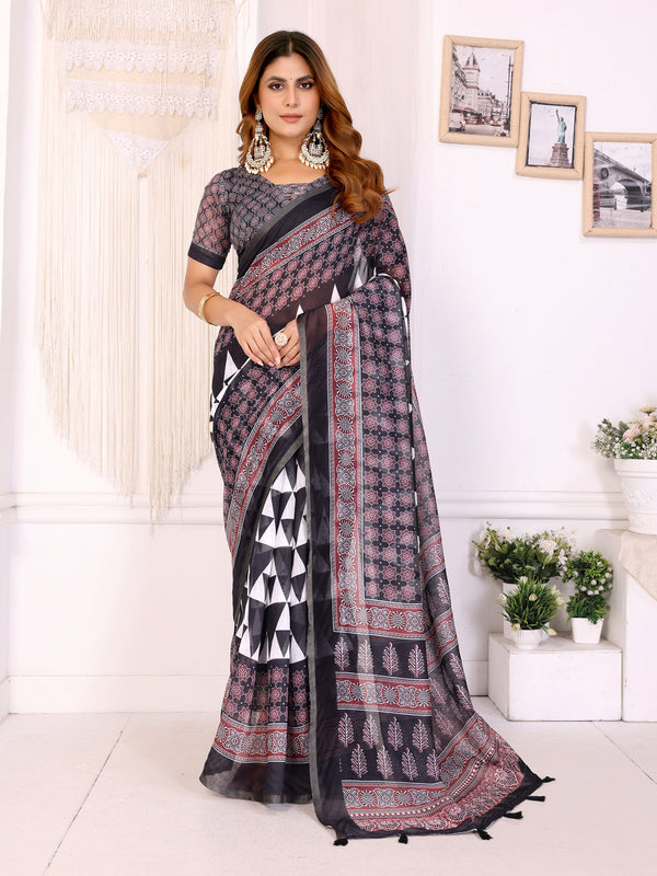 BALACK AJARAKH BLOCK PRINT CHANDERI COTTAN SAREE