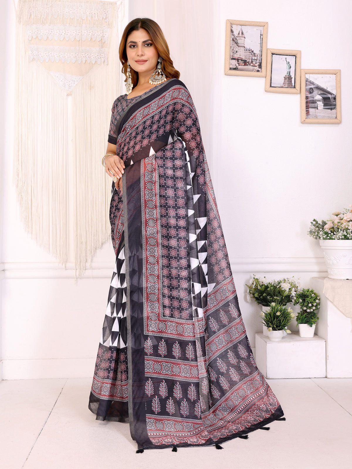 BALACK AJARAKH BLOCK PRINT CHANDERI COTTAN SAREE