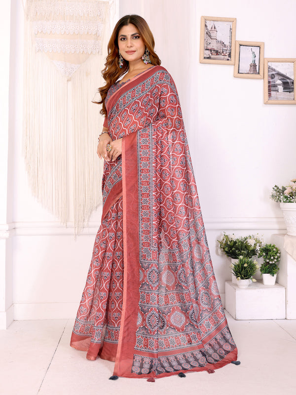 RED AJARAKJH BLOCK PRINT CHANDERI COTTAN SAREE