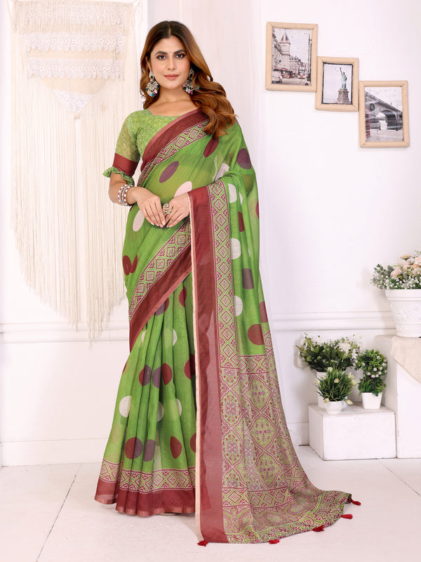 GREEN MARUN BLOCK PRINT CHANDERI COTTAN SAREE