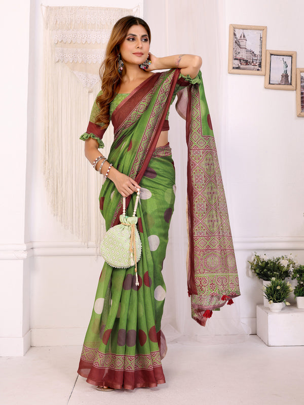 GREEN MARUN BLOCK PRINT CHANDERI COTTAN SAREE