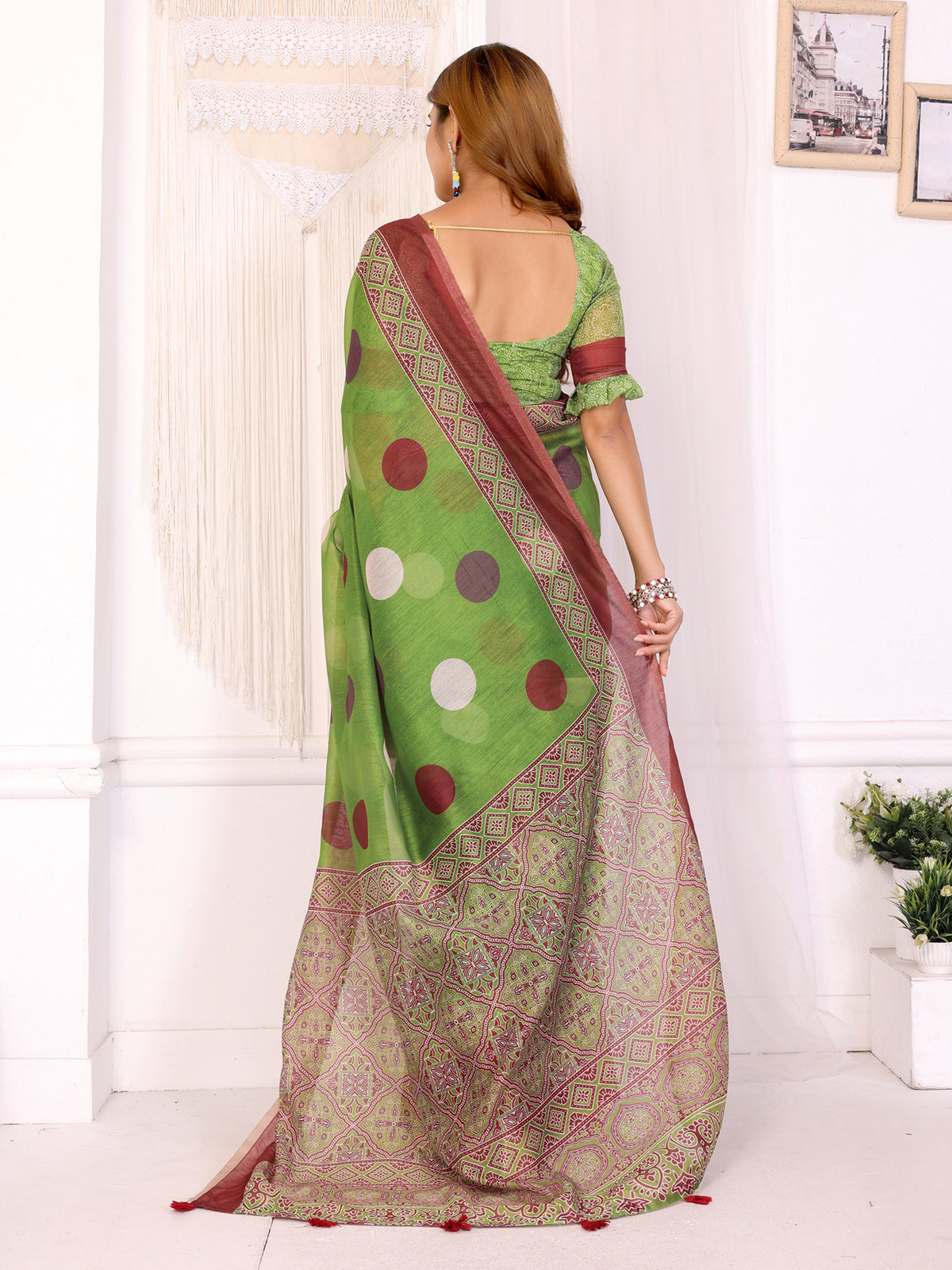 GREEN MARUN BLOCK PRINT CHANDERI COTTAN SAREE