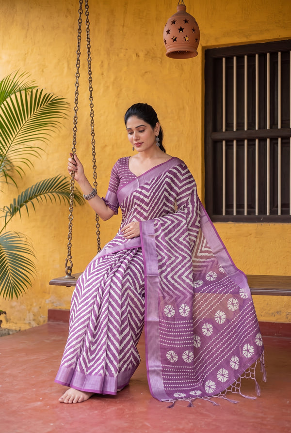 PURPLE FLOWER PRINT ZARI BORDER SAREE