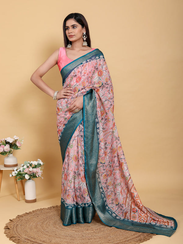 WHITE RAMA FLOWER PRINT ZARI BORDER SAREE