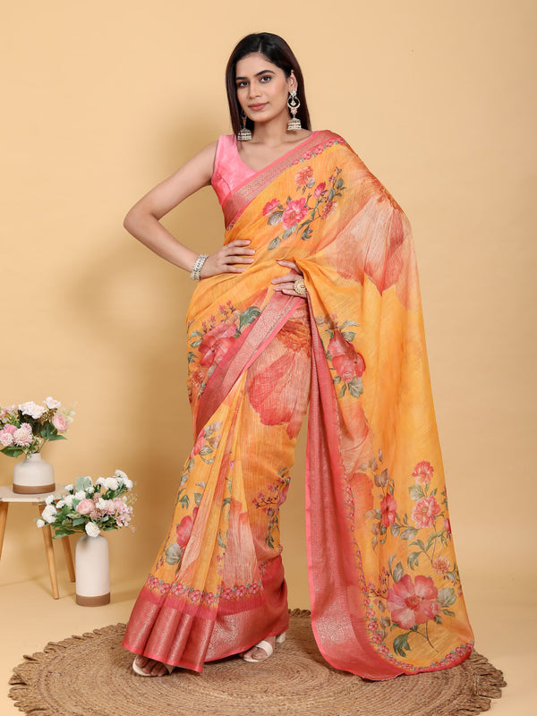 MUSTERD FLOWER PRINT ZARI BORDER SAREE