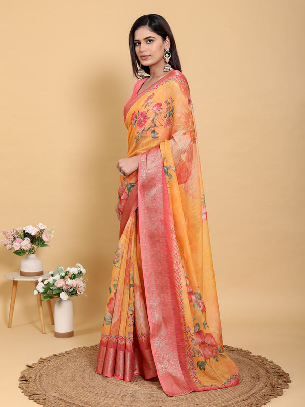 MUSTERD FLOWER PRINT ZARI BORDER SAREE