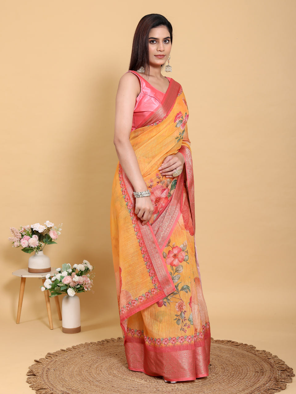MUSTERD FLOWER PRINT ZARI BORDER SAREE