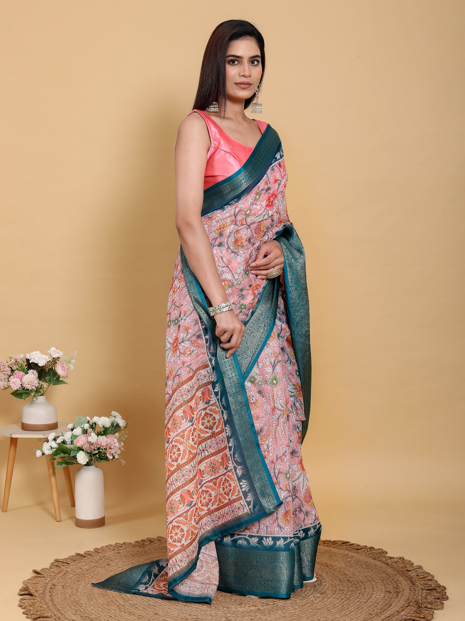 WHITE RAMA FLOWER PRINT ZARI BORDER SAREE