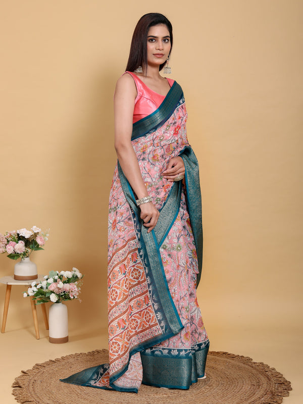 WHITE RAMA FLOWER PRINT ZARI BORDER SAREE