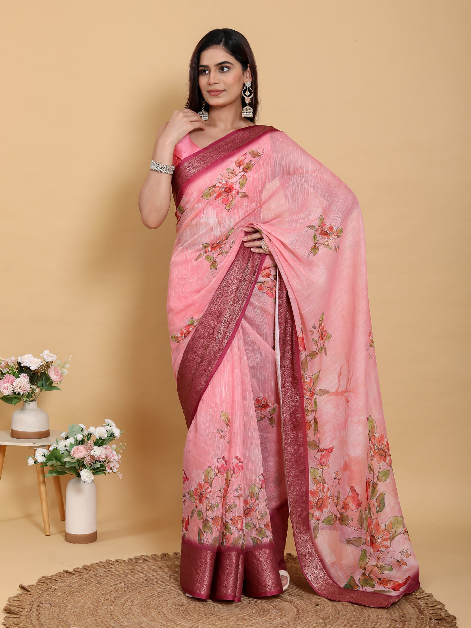 TOMETO MARUN FLOWER PRINT ZARI BORDER SAREE