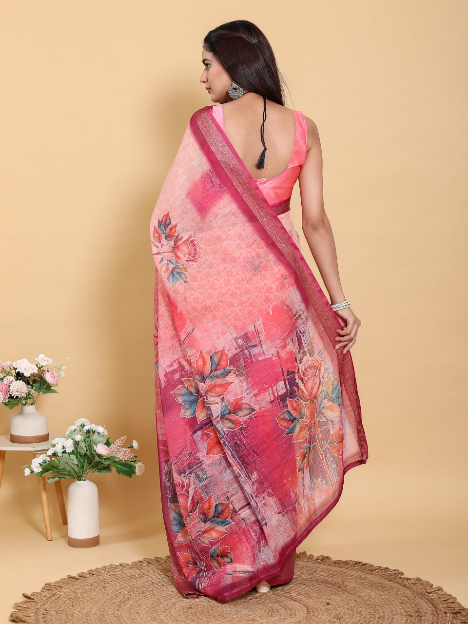 TOMETO MARUN FLOWER PRINT ZARI BORDER SAREE