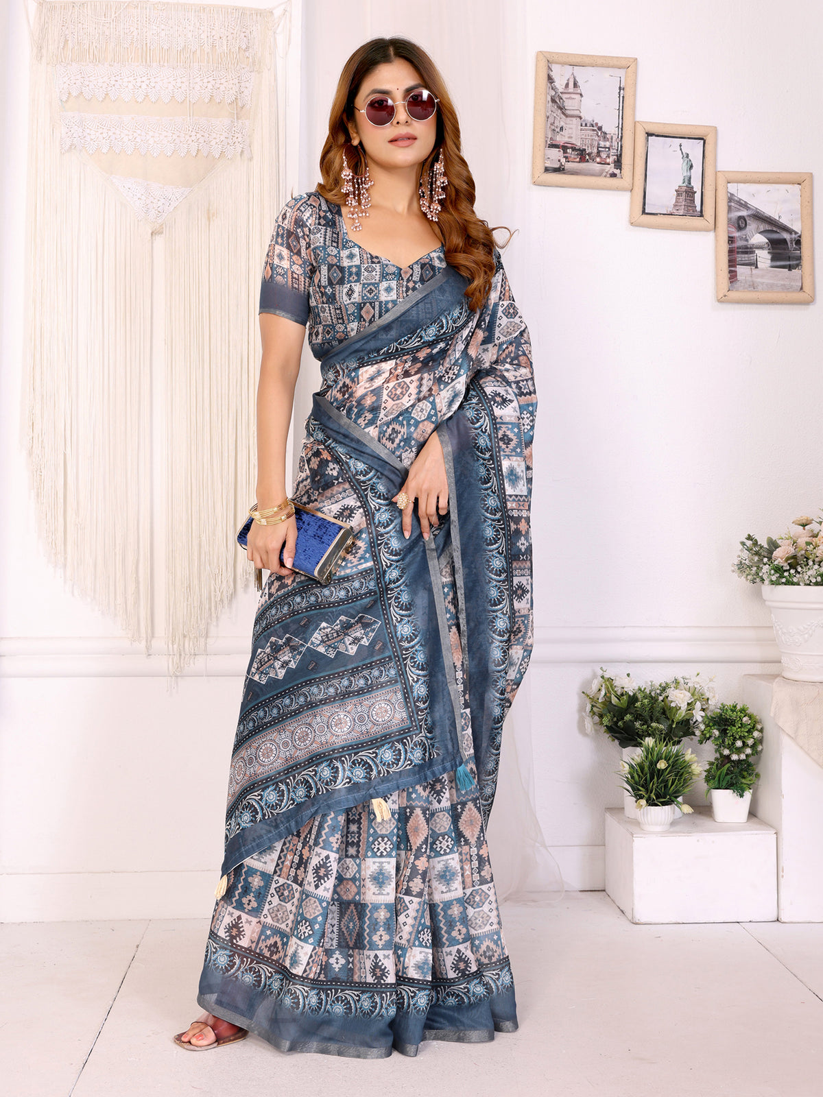 DANIM BLUE CHANDERI COTTAN PRINT PATTERN SAREE
