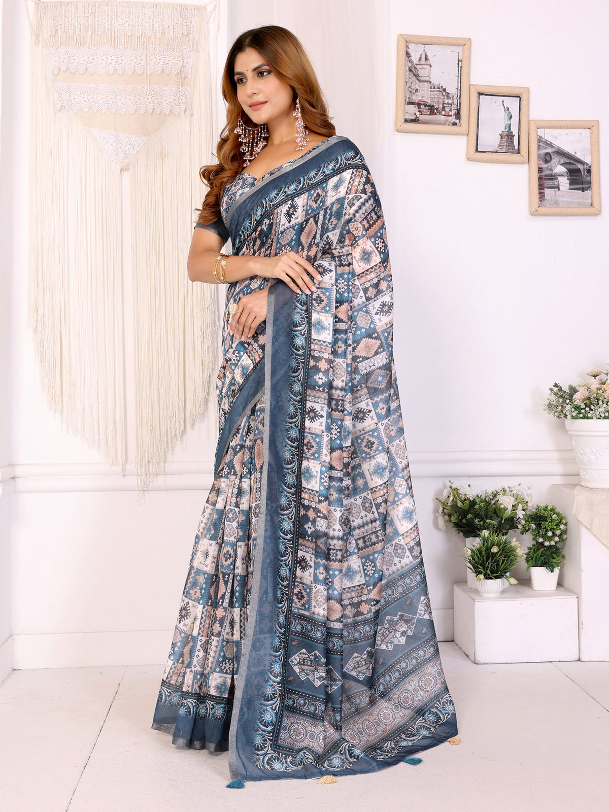 DANIM BLUE CHANDERI COTTAN PRINT PATTERN SAREE
