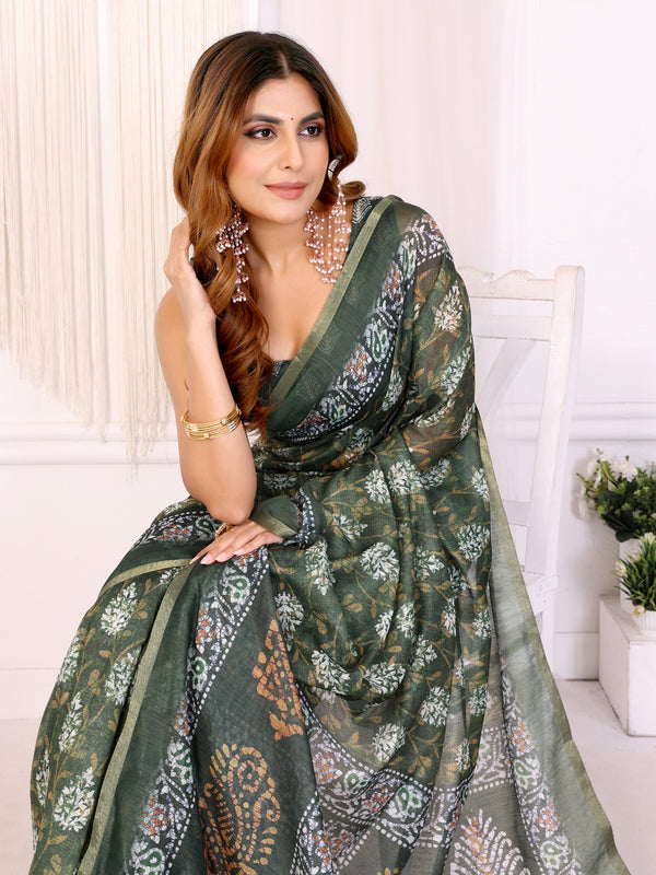 GREEN FLOWER BLOCK PRINK CHANDERI COTTAN SAREE