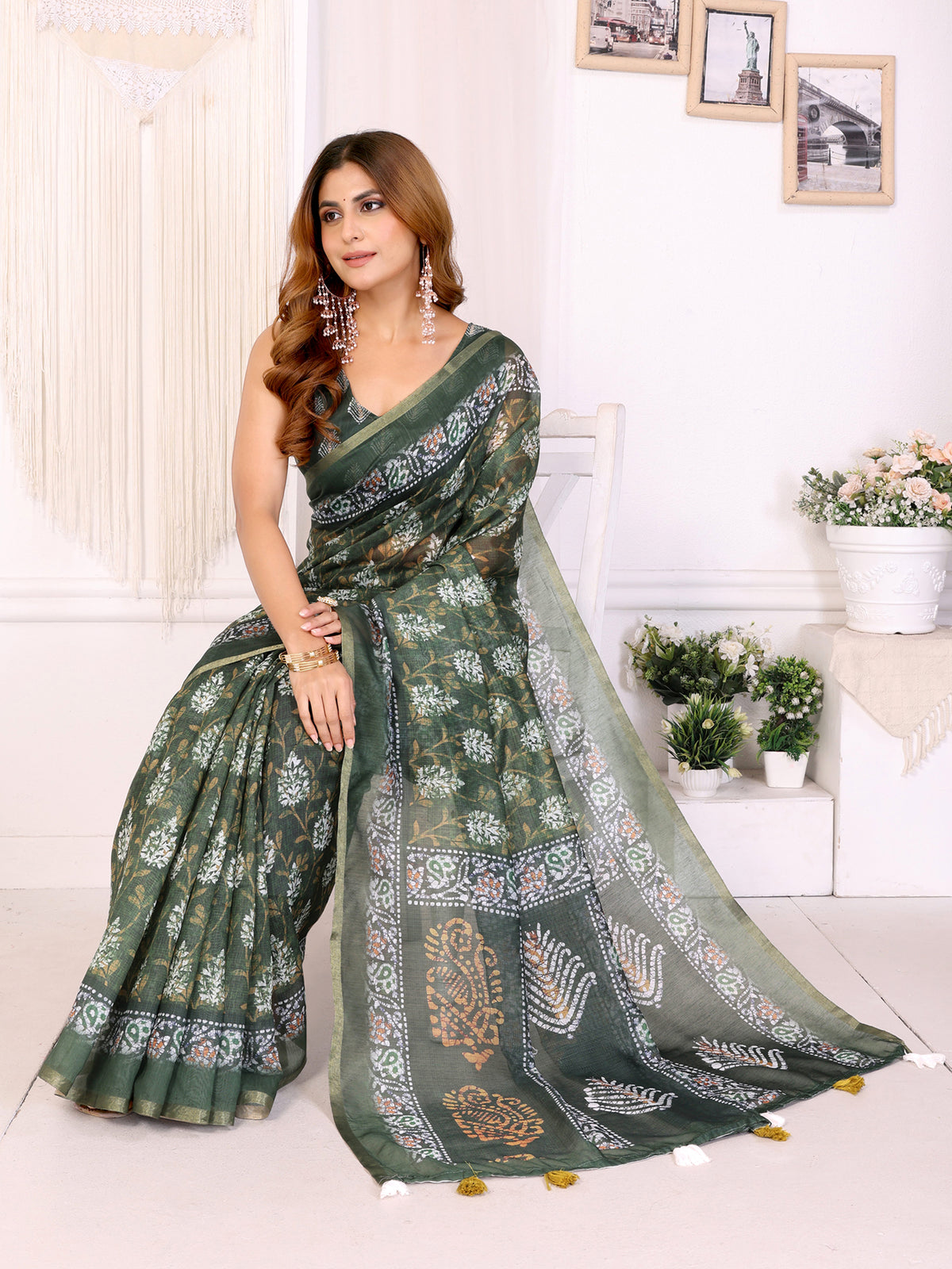 GREEN FLOWER BLOCK PRINK CHANDERI COTTAN SAREE