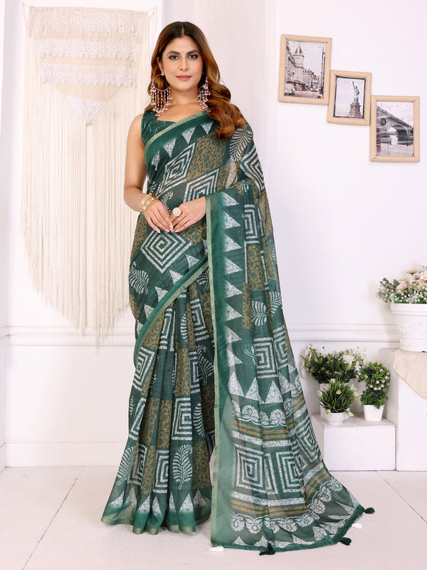 GREEN TRIANGLE BLOCK PRINK CHANDERI COTTAN SAREE