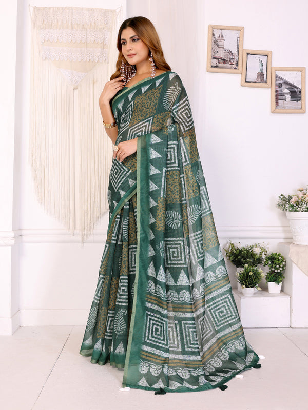 GREEN TRIANGLE BLOCK PRINK CHANDERI COTTAN SAREE