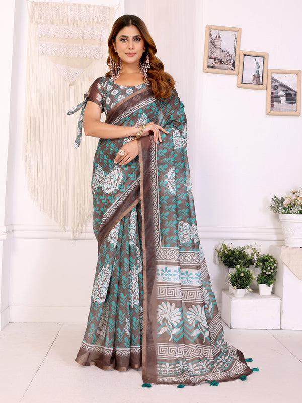 COFFEE RAMA BLOCK PRINK CHANDERI COTTAN SAREE