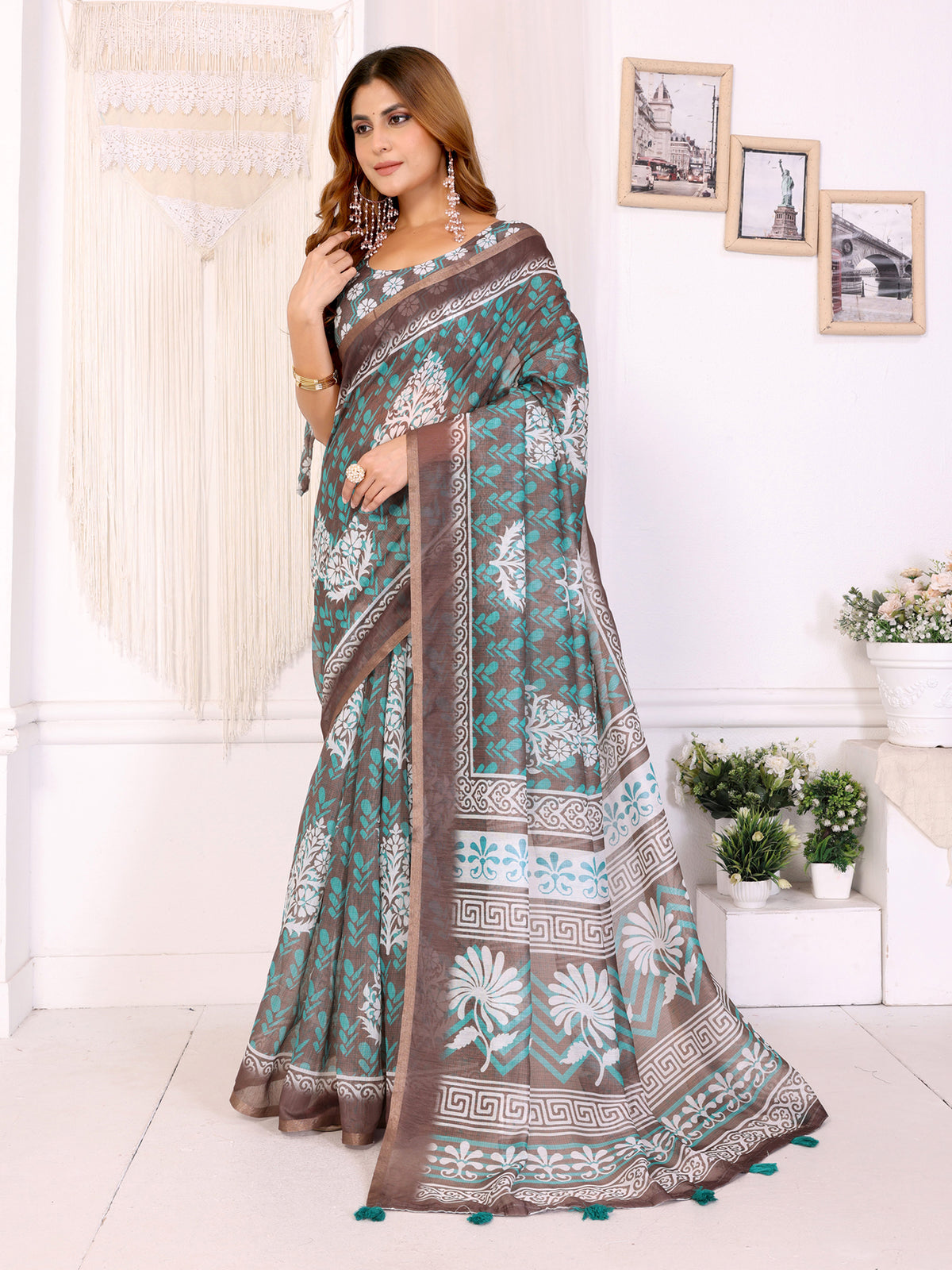 COFFEE RAMA BLOCK PRINK CHANDERI COTTAN SAREE