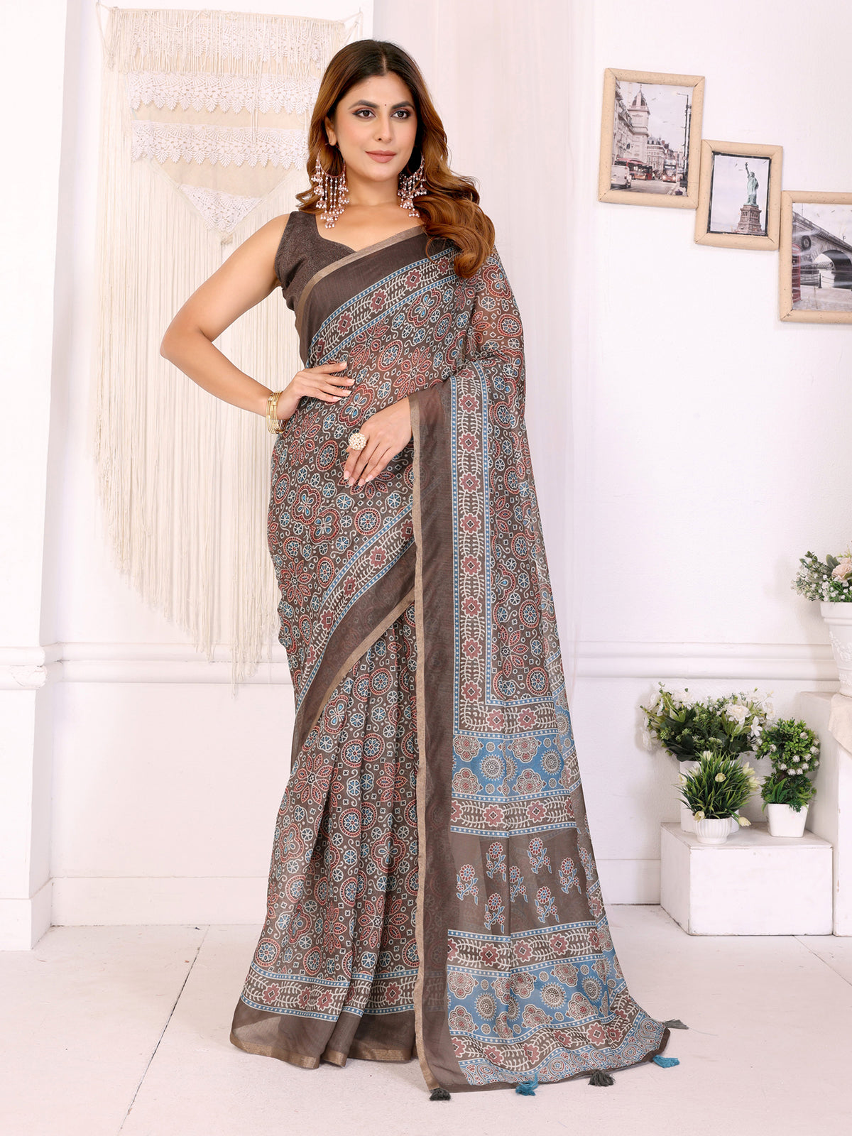 COFFEE AJARAKH BLOCK PRINK CHANDERI COTTAN SAREE