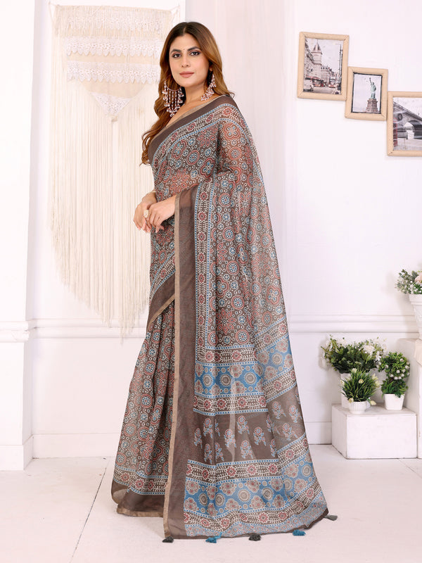 COFFEE AJARAKH BLOCK PRINK CHANDERI COTTAN SAREE