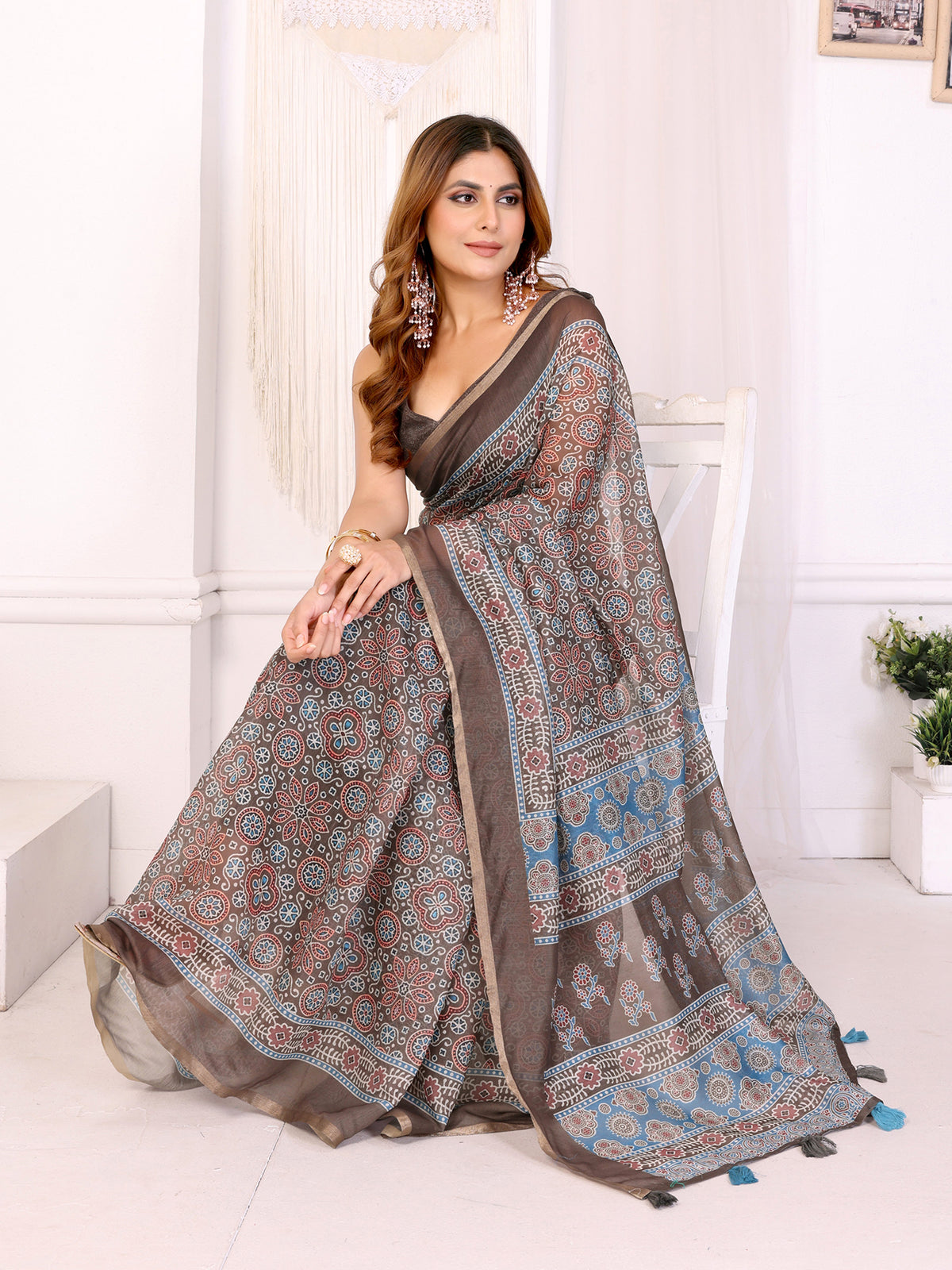 COFFEE AJARAKH BLOCK PRINK CHANDERI COTTAN SAREE
