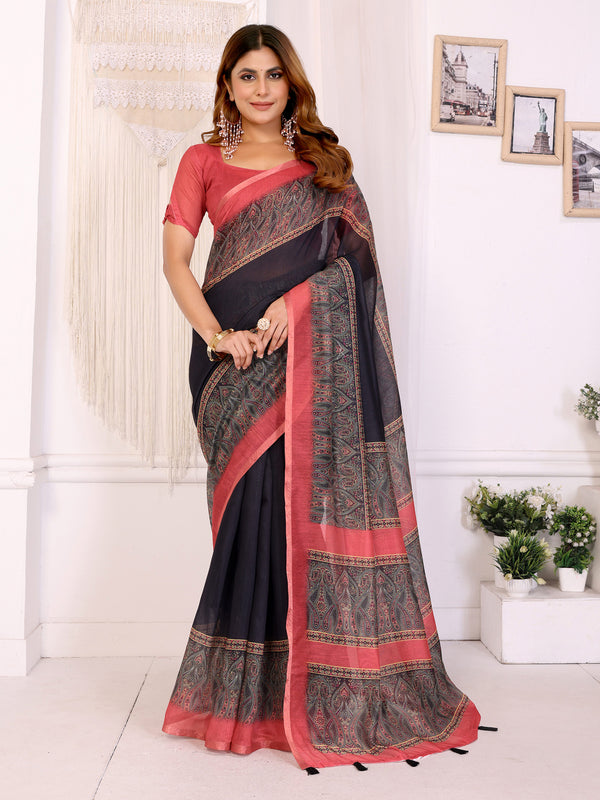 BLACK RED MANGO BLOCK PRINK CHANDERI COTTAN SAREE