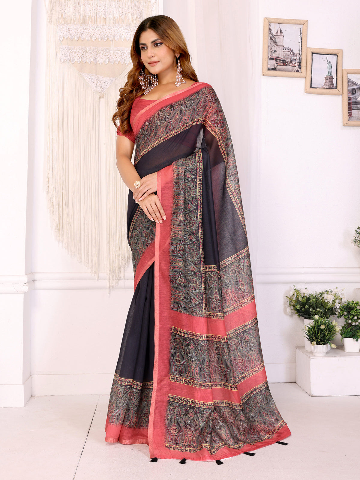 BLACK RED MANGO BLOCK PRINK CHANDERI COTTAN SAREE
