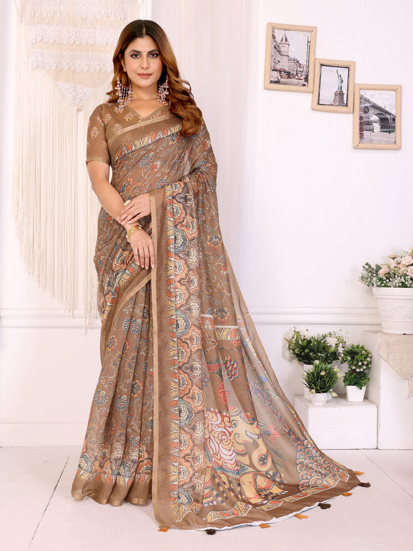 COFFEE HATHI BLOCK PRINT CHANDERI COTTAN SAREE