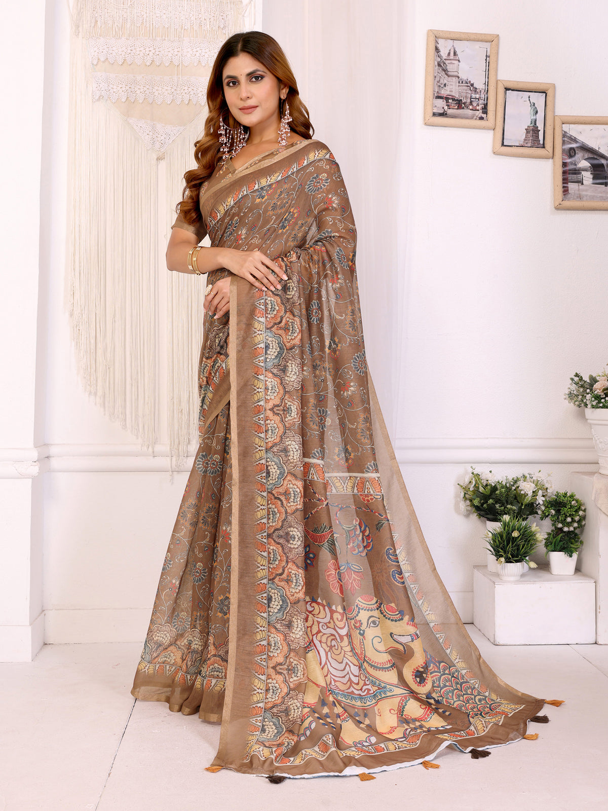 COFFEE HATHI BLOCK PRINT CHANDERI COTTAN SAREE