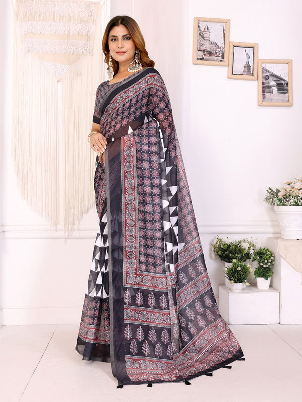 BALACK AJARAKH BLOCK PRINT CHANDERI COTTAN SAREE