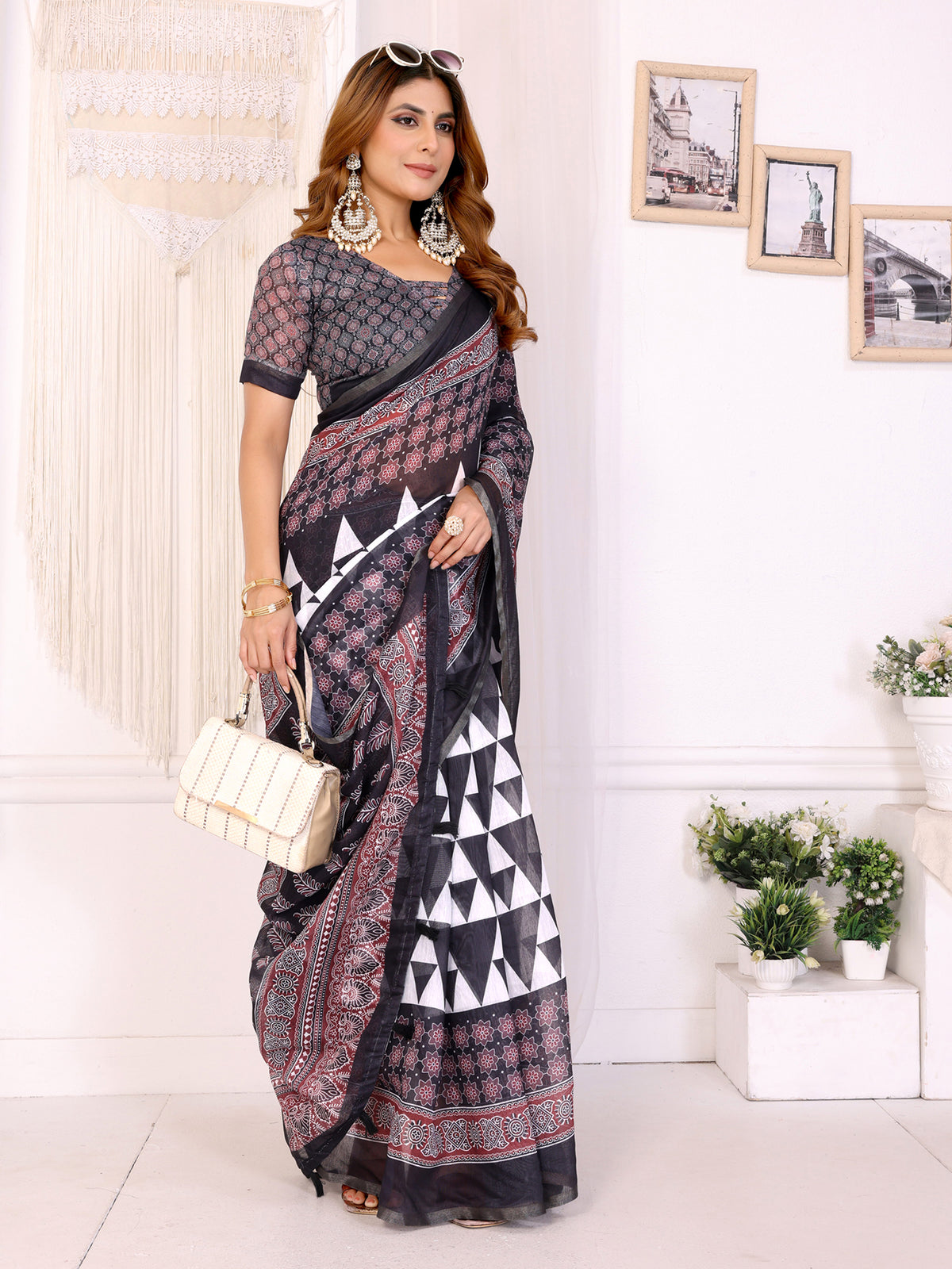 BALACK AJARAKH BLOCK PRINT CHANDERI COTTAN SAREE