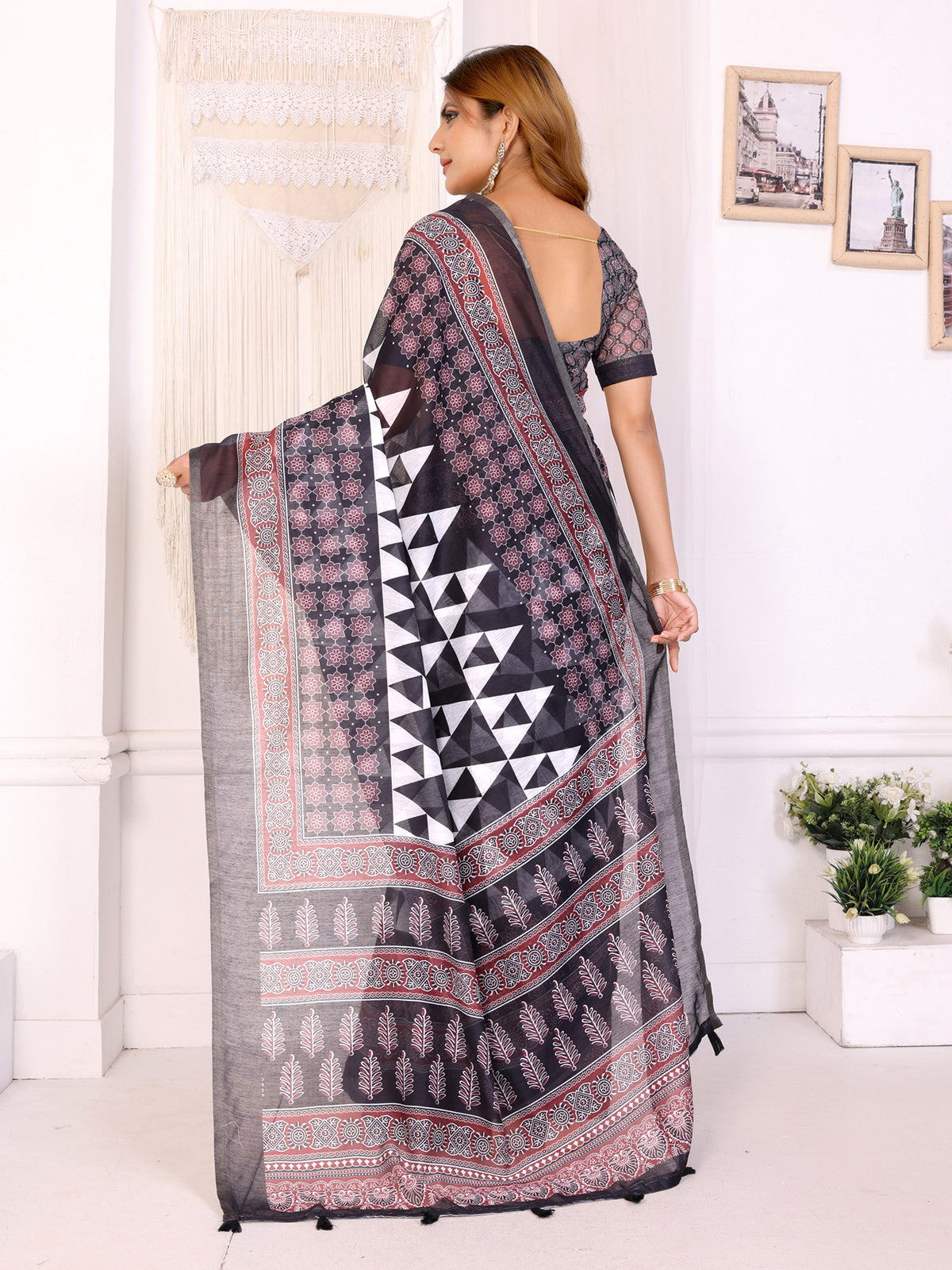 BALACK AJARAKH BLOCK PRINT CHANDERI COTTAN SAREE