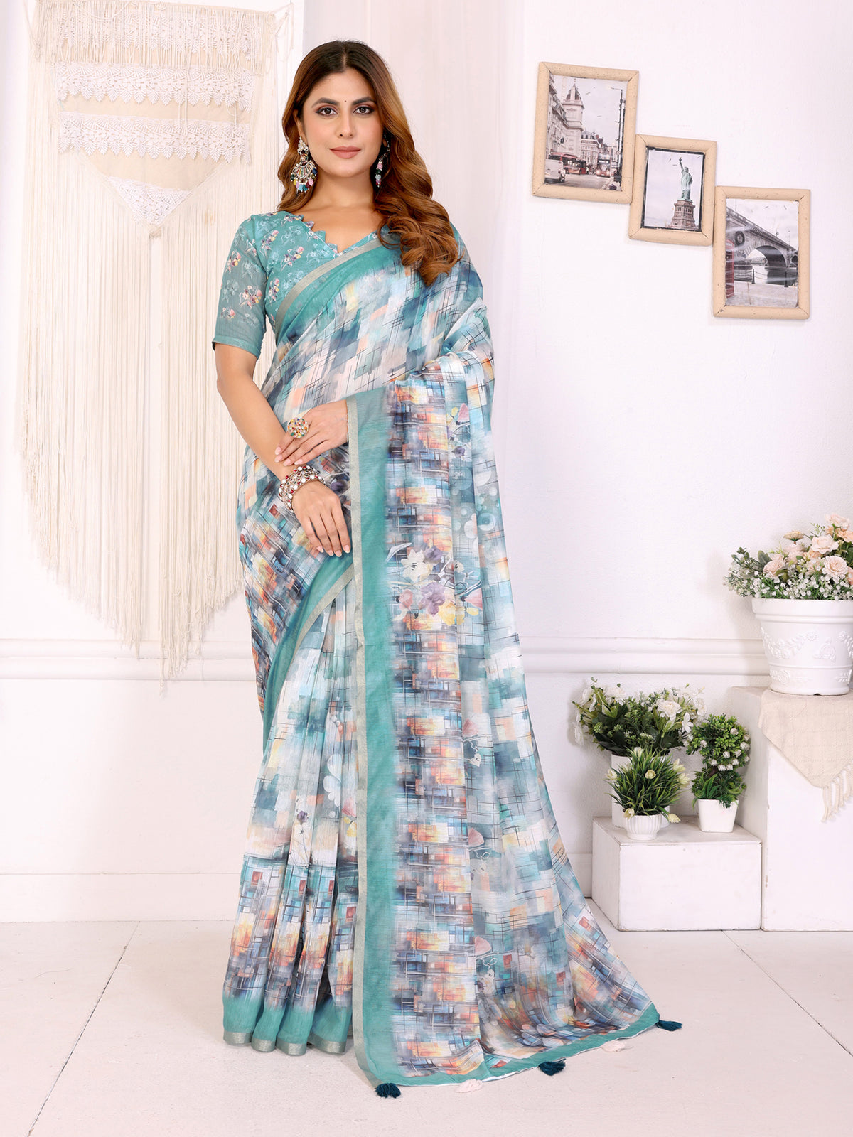 SKY BLOCK PRINT CHANDERI COTTAN SAREE