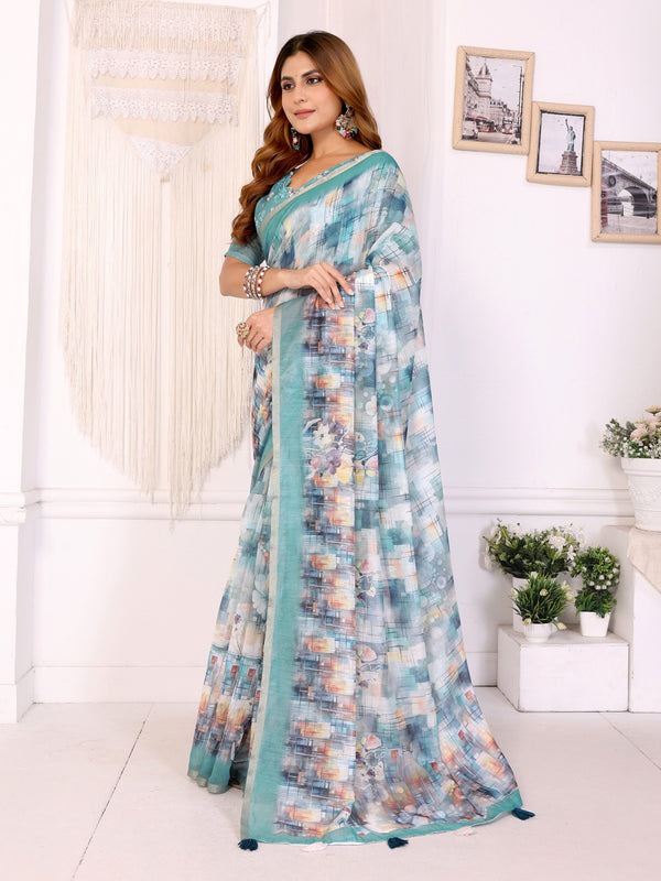 SKY BLOCK PRINT CHANDERI COTTAN SAREE