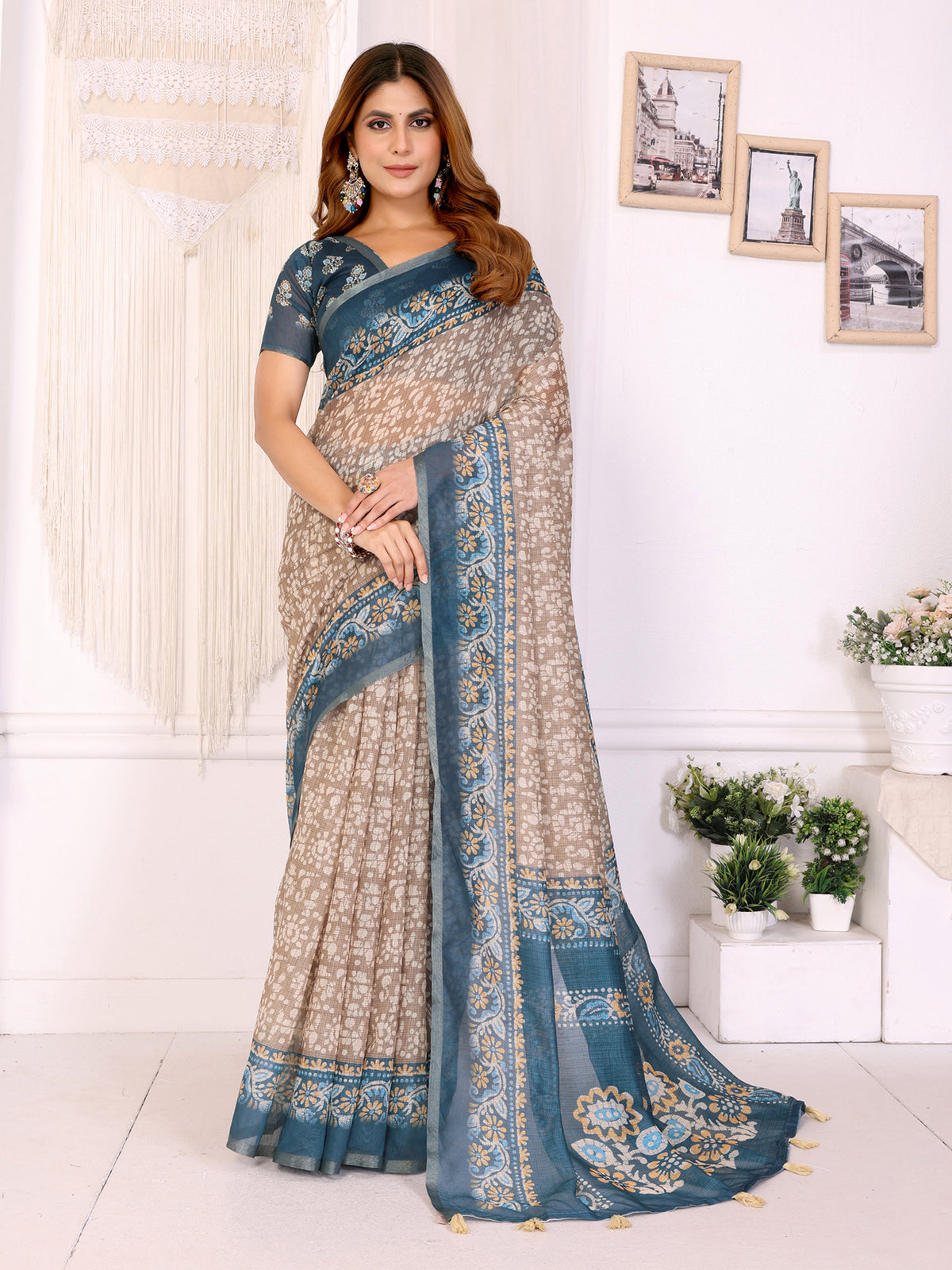 RAMA RUST FLOWER PRINT CHANDERI COTTAN SAREE