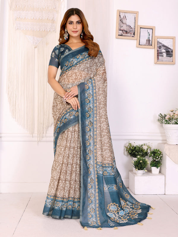 RAMA RUST FLOWER PRINT CHANDERI COTTAN SAREE