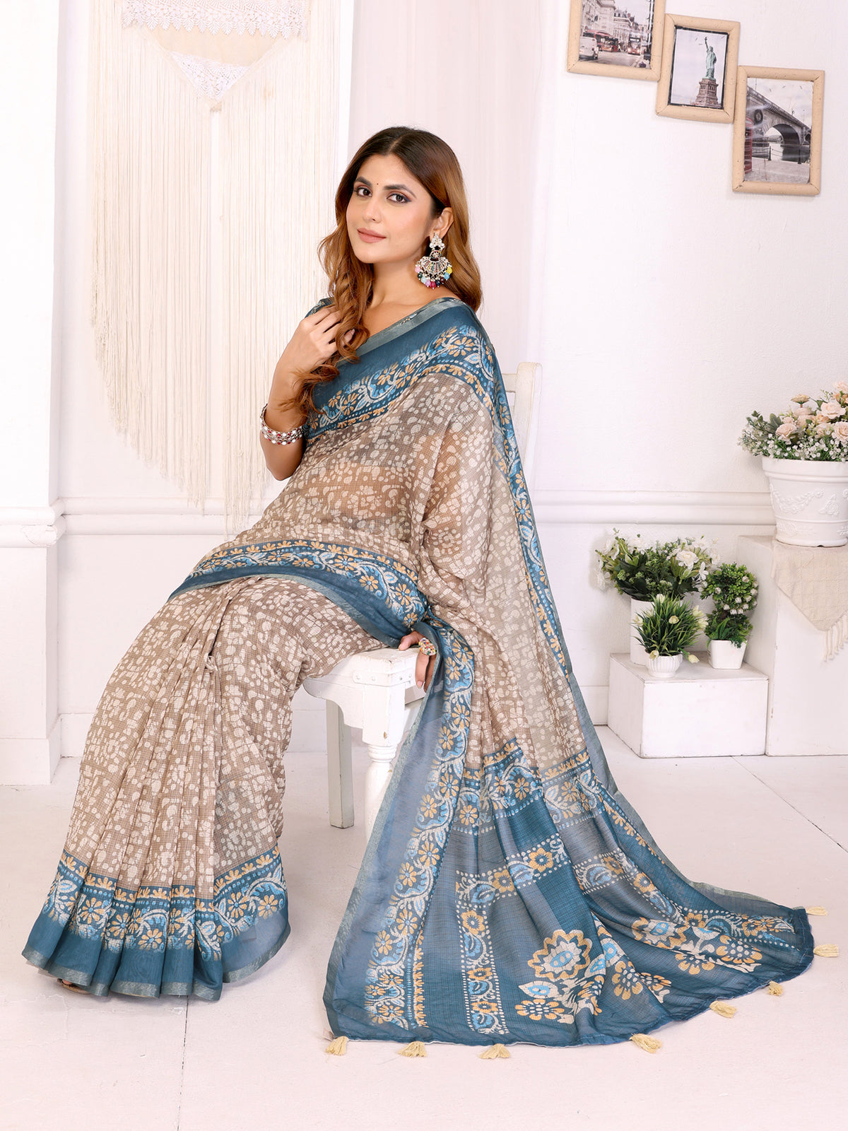 RAMA RUST FLOWER PRINT CHANDERI COTTAN SAREE