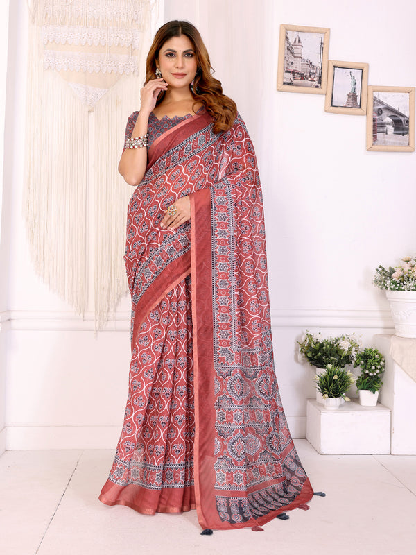 RED AJARAKJH BLOCK PRINT CHANDERI COTTAN SAREE