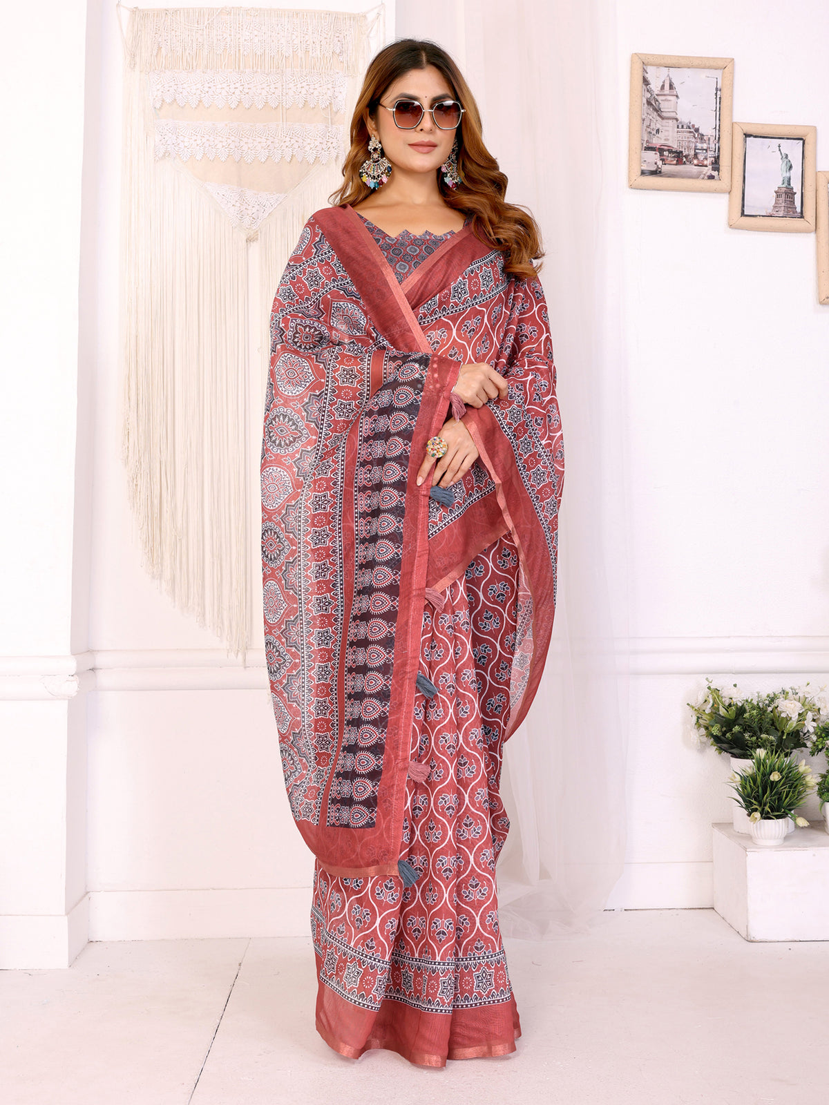 RED AJARAKJH BLOCK PRINT CHANDERI COTTAN SAREE