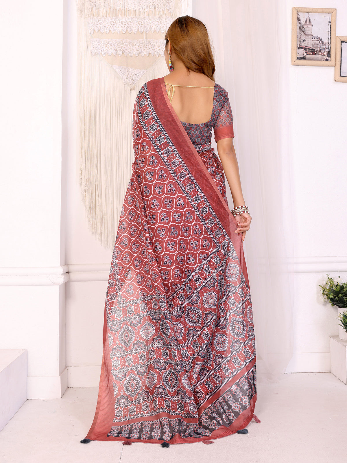 RED AJARAKJH BLOCK PRINT CHANDERI COTTAN SAREE