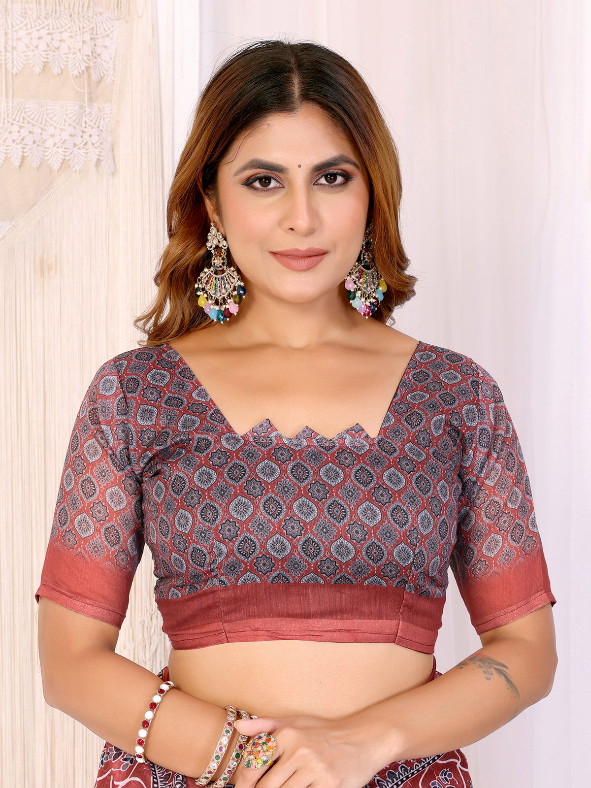 RED AJARAKJH BLOCK PRINT CHANDERI COTTAN SAREE