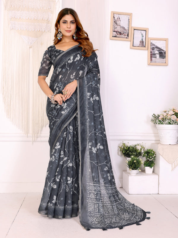 GREY FLOWER BLOCK PRINT CHANDERI COTTAN SAREE