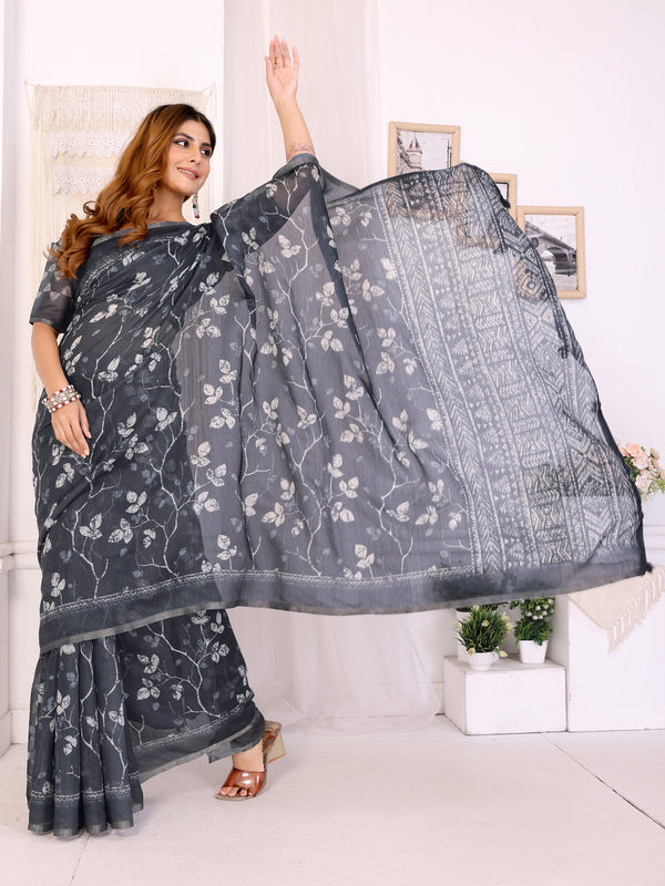 GREY FLOWER BLOCK PRINT CHANDERI COTTAN SAREE